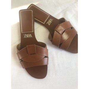 Zara Flats Slides Slip On Crossed Leather Brown Sandals Summer Boho EU38 US6.5/7